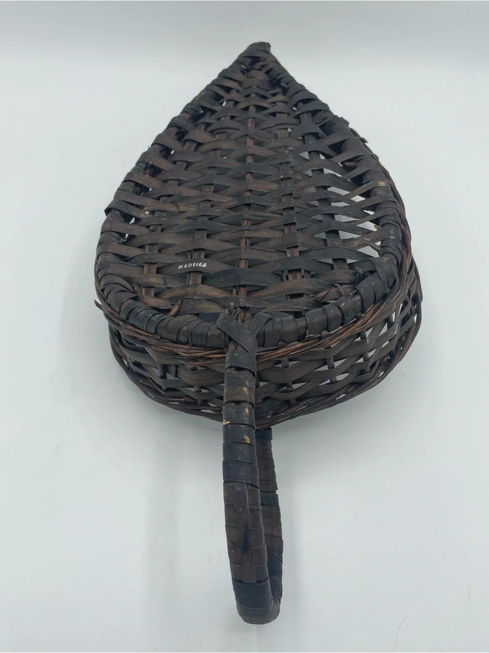 Vintage Handwoven Brown Oval Serving Tray Basket with Side Handle Signed Madeira